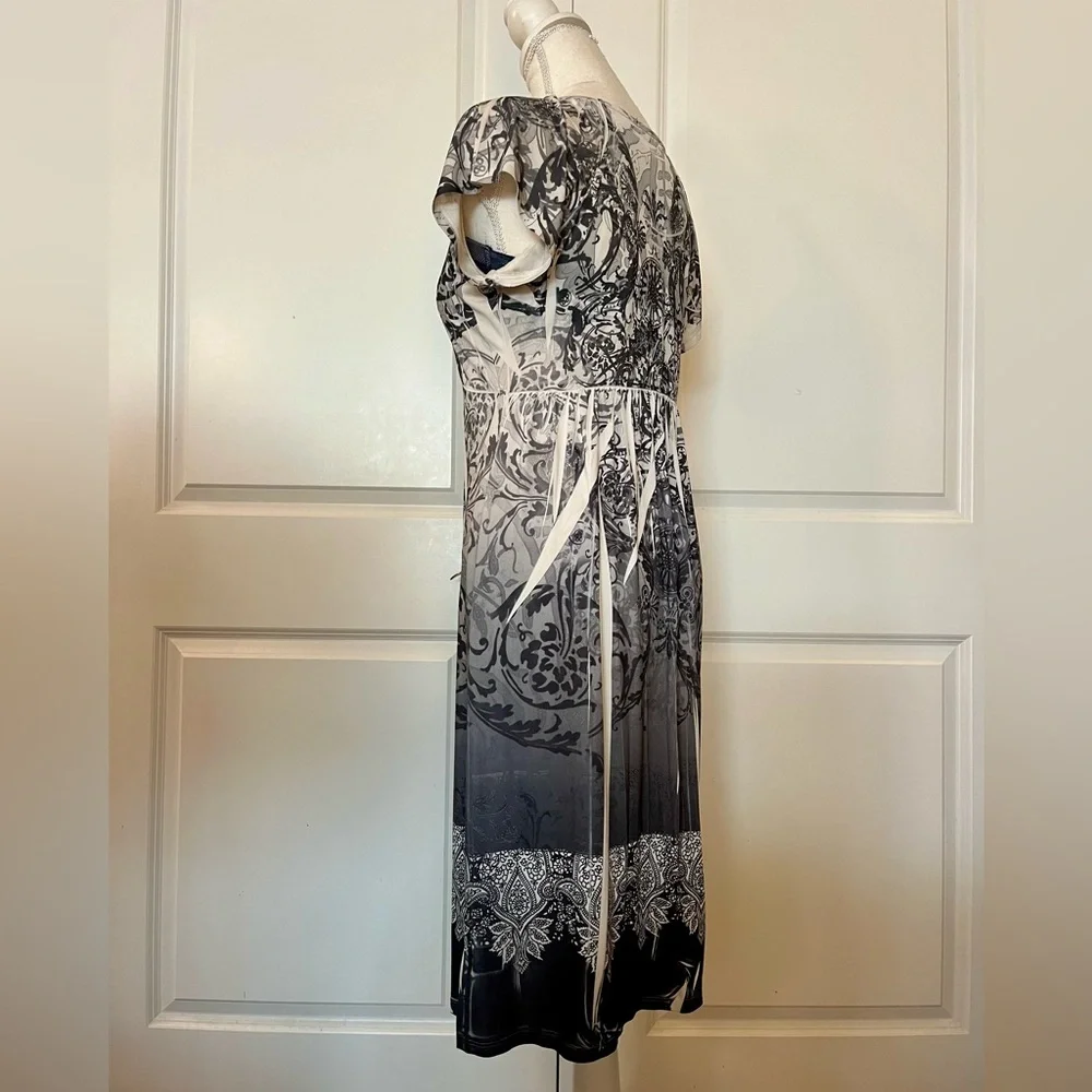 Vtg Y2K Boho Apt.9 Midi Stretch Dress Gray White Pattern Dye Print Scoop Neck MD - Picture 8 of 15